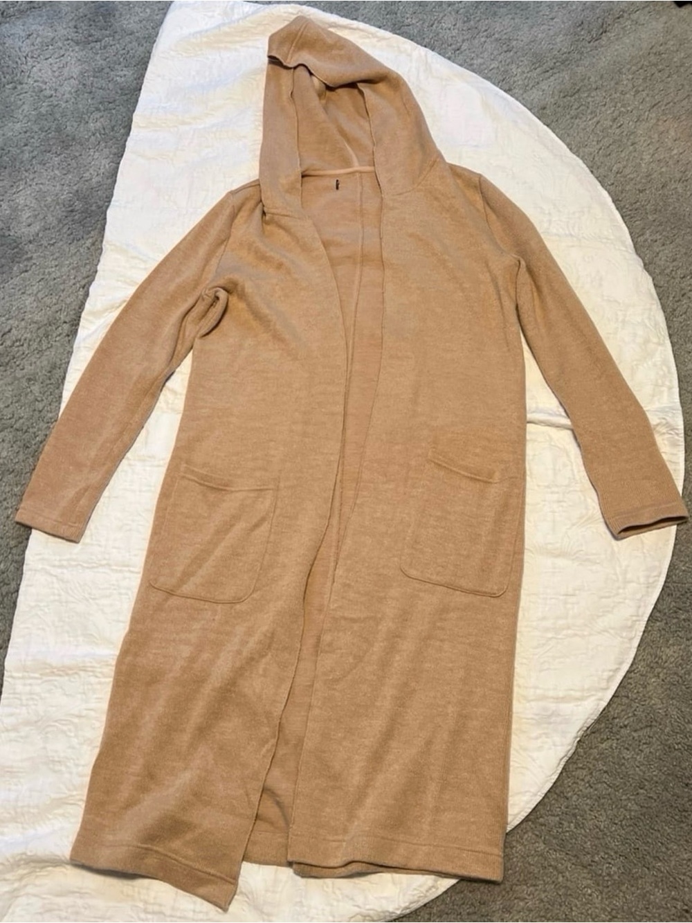 Long Hooded Open Cardigan in Camel.